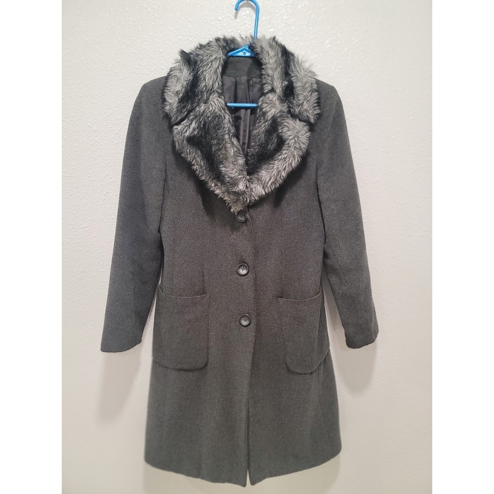 Vintage Dorothy Perkin made in UK WOOL rich blend size 10 fur collar grey